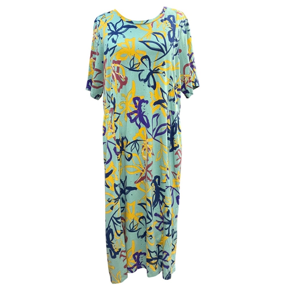 LOGO Lori Goldstein XL Floral Abstract T-Shirt Midi Dress Teal Blue Boho Summer